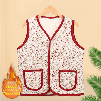 Virágos bélelt poliészter mellény középkorú és idősebb nők számára; kardigán-stílusú külső ruházat; külső anyag 70–80% poliészter, belső 50–70% poliészter; hossz 50–65 cm; domborított textúra; japán/koreai laza stílus