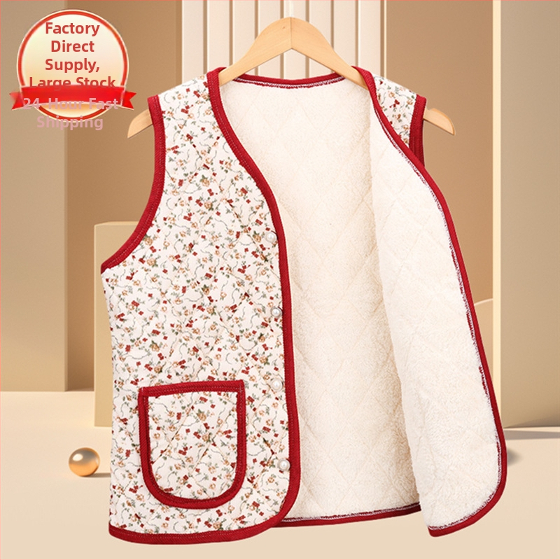 Virágos bélelt poliészter mellény középkorú és idősebb nők számára; kardigán-stílusú külső ruházat; külső anyag 70–80% poliészter, belső 50–70% poliészter; hossz 50–65 cm; domborított textúra; japán/koreai laza stílus