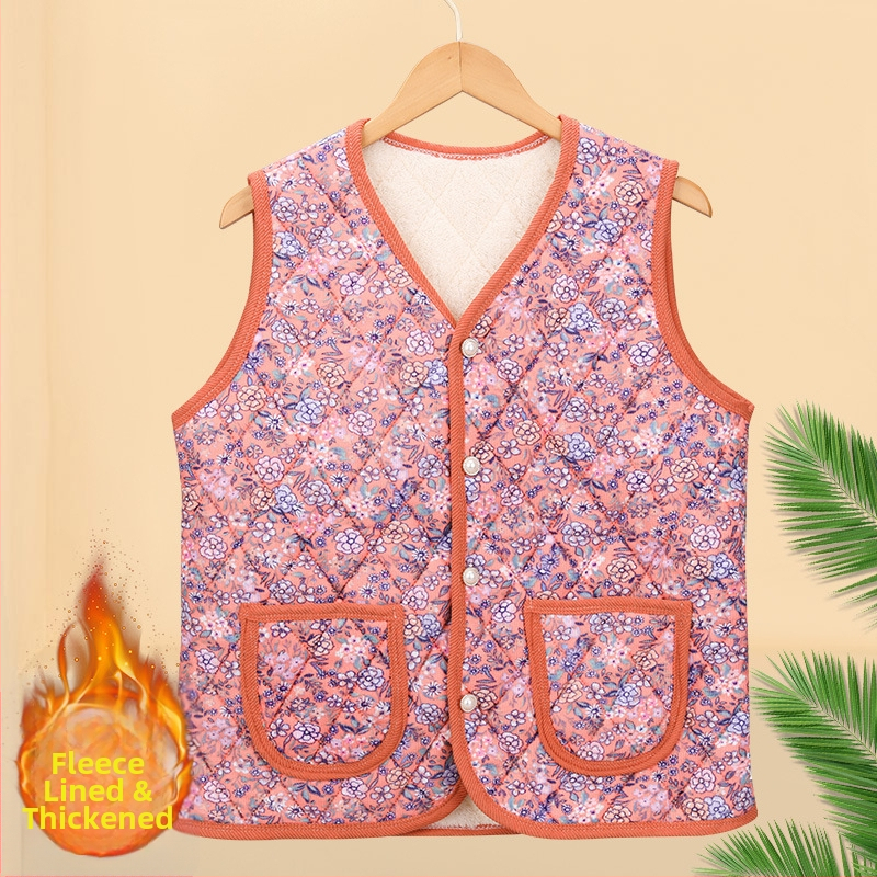 Flórálna vypchatá polyesterová vesta pre ženy stredného a staršieho veku; cardigan štýl vonkajšieho oblečenia; vonkajší materiál 70–80% polyester, vnútorný 50–70% polyester; dĺžka 50–65 cm; RELIEF TEXTÚRA; japonsko-kórejský voľný štýl