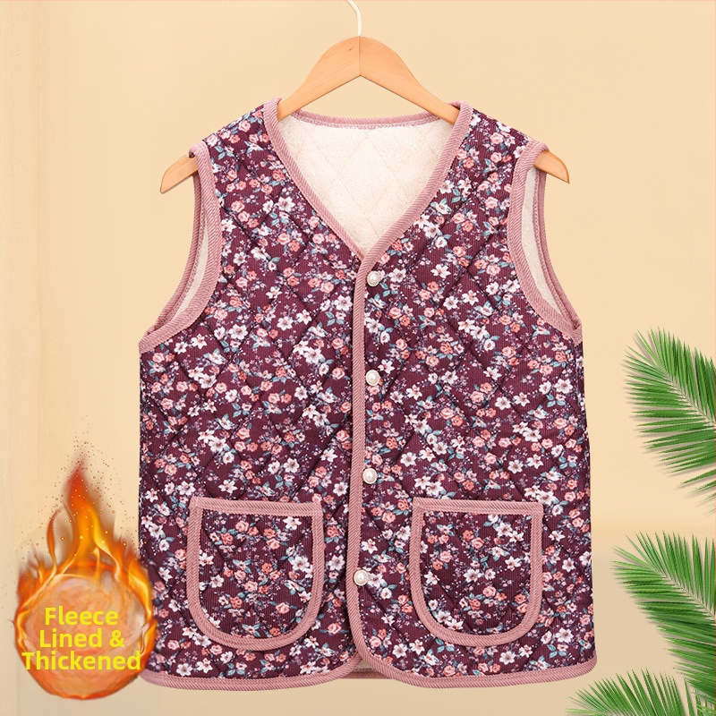 Flórálna vypchatá polyesterová vesta pre ženy stredného a staršieho veku; cardigan štýl vonkajšieho oblečenia; vonkajší materiál 70–80% polyester, vnútorný 50–70% polyester; dĺžka 50–65 cm; RELIEF TEXTÚRA; japonsko-kórejský voľný štýl