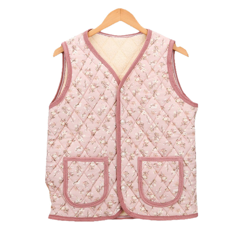 Virágos bélelt poliészter mellény középkorú és idősebb nők számára; kardigán-stílusú külső ruházat; külső anyag 70–80% poliészter, belső 50–70% poliészter; hossz 50–65 cm; domborított textúra; japán/koreai laza stílus