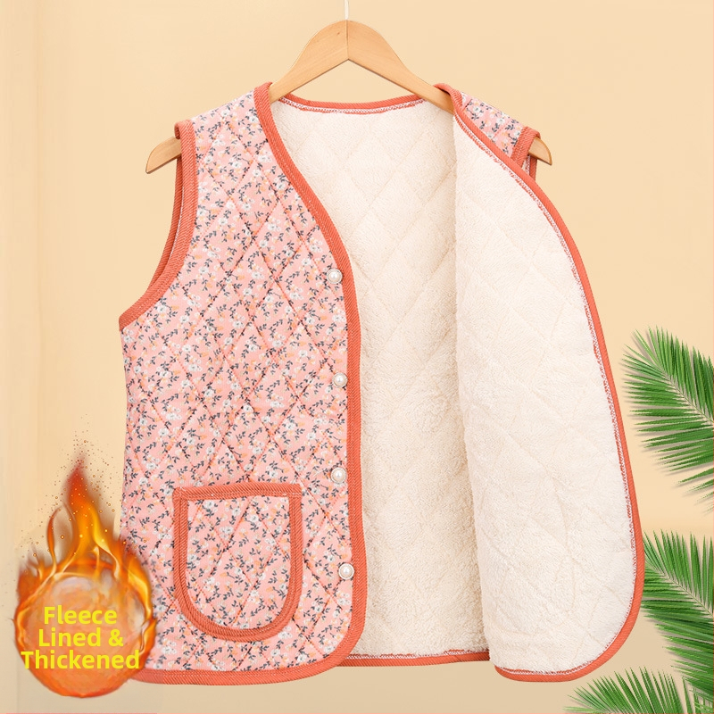 Virágos bélelt poliészter mellény középkorú és idősebb nők számára; kardigán-stílusú külső ruházat; külső anyag 70–80% poliészter, belső 50–70% poliészter; hossz 50–65 cm; domborított textúra; japán/koreai laza stílus