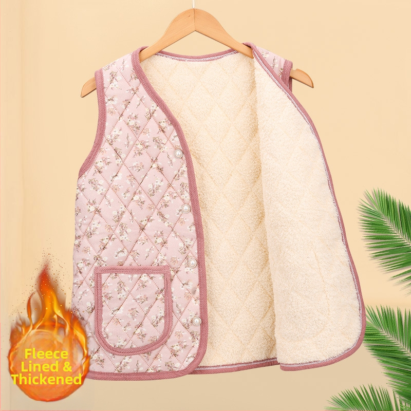 Virágos bélelt poliészter mellény középkorú és idősebb nők számára; kardigán-stílusú külső ruházat; külső anyag 70–80% poliészter, belső 50–70% poliészter; hossz 50–65 cm; domborított textúra; japán/koreai laza stílus