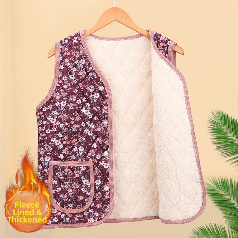 Virágos bélelt poliészter mellény középkorú és idősebb nők számára; kardigán-stílusú külső ruházat; külső anyag 70–80% poliészter, belső 50–70% poliészter; hossz 50–65 cm; domborított textúra; japán/koreai laza stílus