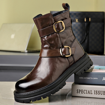 Μαρτίν μποτάκια για άνδρες, στρογγυλή μύτη, παχιά σόλα από καουτσούκ, επάνω μέρος από δέρμα πρώτης κατηγορίας, πλαϊνό φερμουάρ