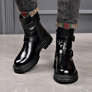 Μαρτίν μποτάκια για άνδρες, στρογγυλή μύτη, παχιά σόλα από καουτσούκ, επάνω μέρος από δέρμα πρώτης κατηγορίας, πλαϊνό φερμουάρ