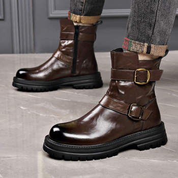 Μαρτίν μποτάκια για άνδρες, στρογγυλή μύτη, παχιά σόλα από καουτσούκ, επάνω μέρος από δέρμα πρώτης κατηγορίας, πλαϊνό φερμουάρ