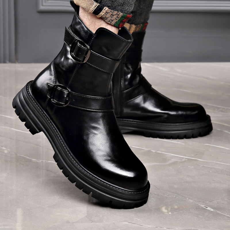 Μαρτίν μποτάκια για άνδρες, στρογγυλή μύτη, παχιά σόλα από καουτσούκ, επάνω μέρος από δέρμα πρώτης κατηγορίας, πλαϊνό φερμουάρ