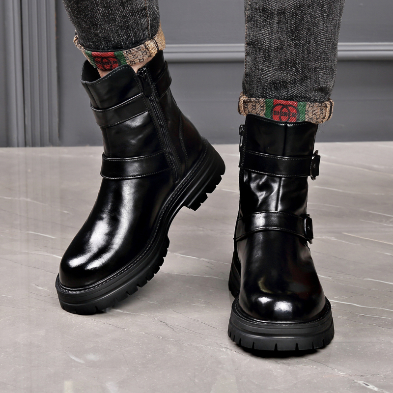 Μαρτίν μποτάκια για άνδρες, στρογγυλή μύτη, παχιά σόλα από καουτσούκ, επάνω μέρος από δέρμα πρώτης κατηγορίας, πλαϊνό φερμουάρ