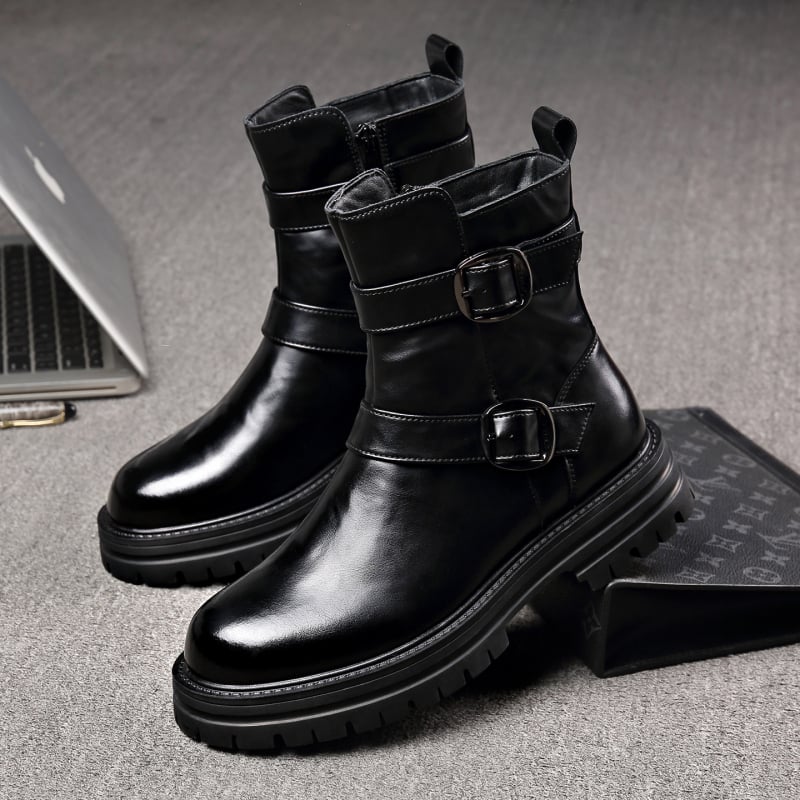 Μαρτίν μποτάκια για άνδρες, στρογγυλή μύτη, παχιά σόλα από καουτσούκ, επάνω μέρος από δέρμα πρώτης κατηγορίας, πλαϊνό φερμουάρ