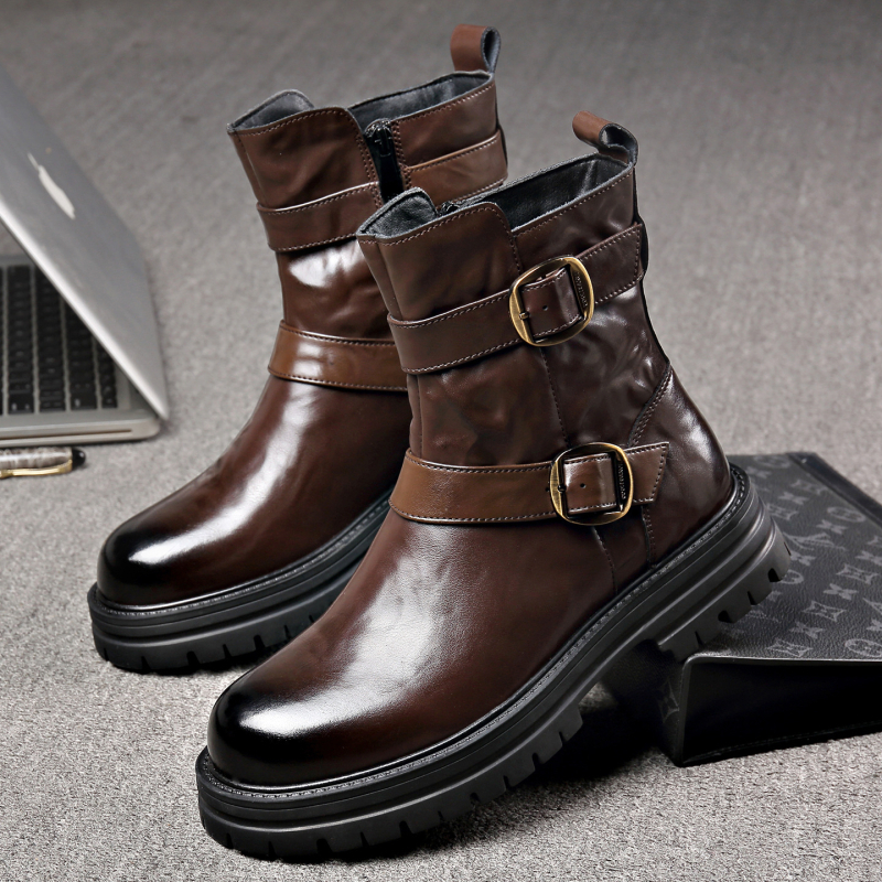 Μαρτίν μποτάκια για άνδρες, στρογγυλή μύτη, παχιά σόλα από καουτσούκ, επάνω μέρος από δέρμα πρώτης κατηγορίας, πλαϊνό φερμουάρ