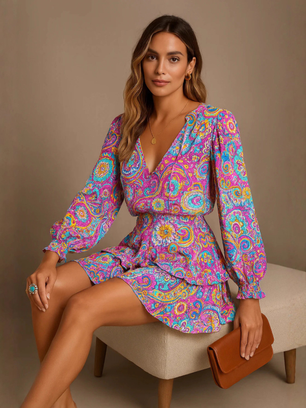 Haljina s dugim rukavima, duboki V izrez, cvjetni print, poliester, patchwork stil