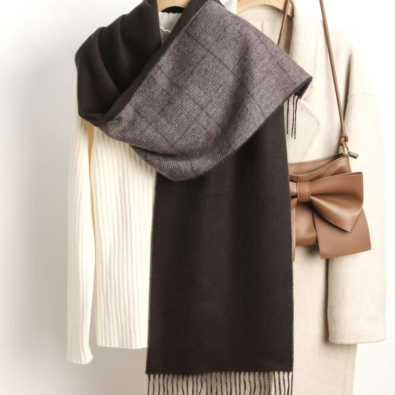 Кашмирен шал, двустранен двуцветен с ресни, Plain weave, поддържа топлината, Warp knitting