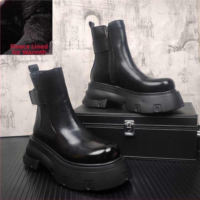 Férfi Chelsea csizmák természetes bőrből, vastag gumitalppal, belső műszálas rövid plüss béléssel, téli 2024