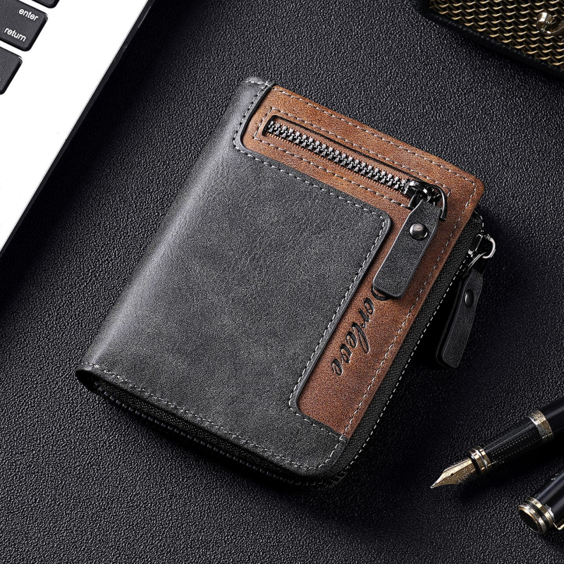 Portofel scurt din piele PU, finisaj oil-wax, 2 plieri, stil retro european-american, ultraușor, anti-magnetic, extensibil, multiple sloturi pentru carduri