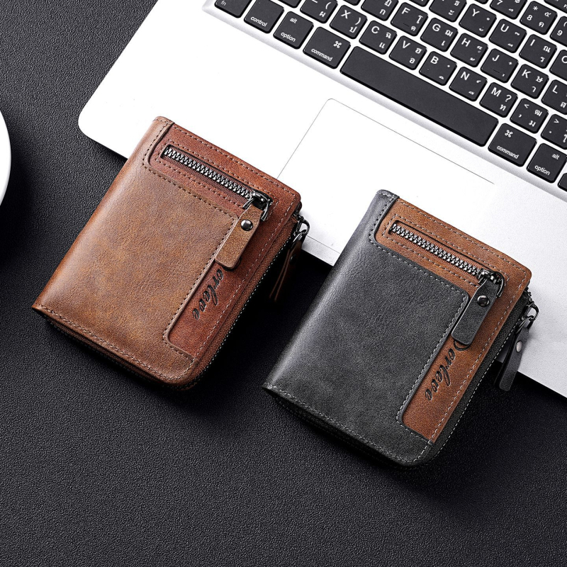 Portofel scurt din piele PU, finisaj oil-wax, 2 plieri, stil retro european-american, ultraușor, anti-magnetic, extensibil, multiple sloturi pentru carduri