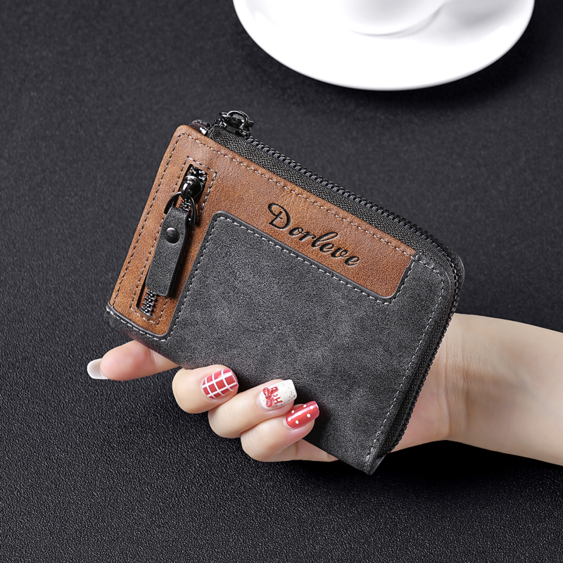 Portofel scurt din piele PU, finisaj oil-wax, 2 plieri, stil retro european-american, ultraușor, anti-magnetic, extensibil, multiple sloturi pentru carduri