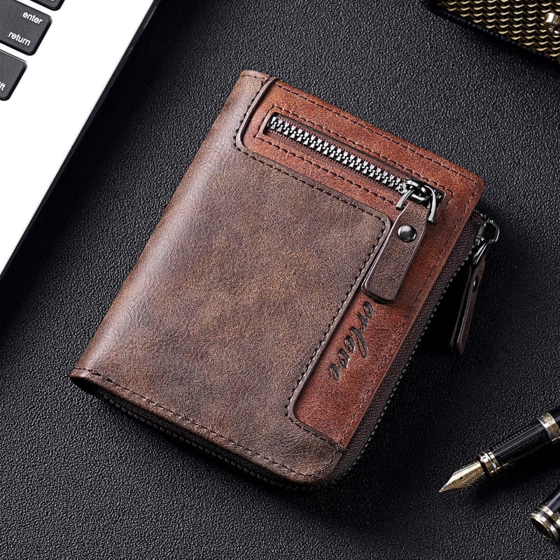 Portofel scurt din piele PU, finisaj oil-wax, 2 plieri, stil retro european-american, ultraușor, anti-magnetic, extensibil, multiple sloturi pentru carduri