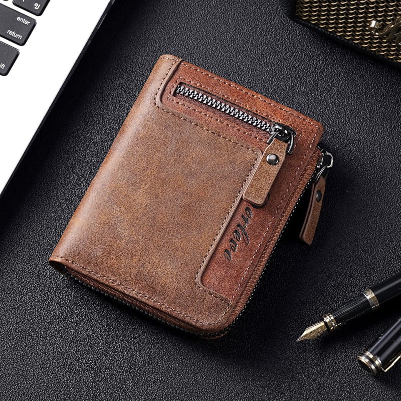 Portofel scurt din piele PU, finisaj oil-wax, 2 plieri, stil retro european-american, ultraușor, anti-magnetic, extensibil, multiple sloturi pentru carduri