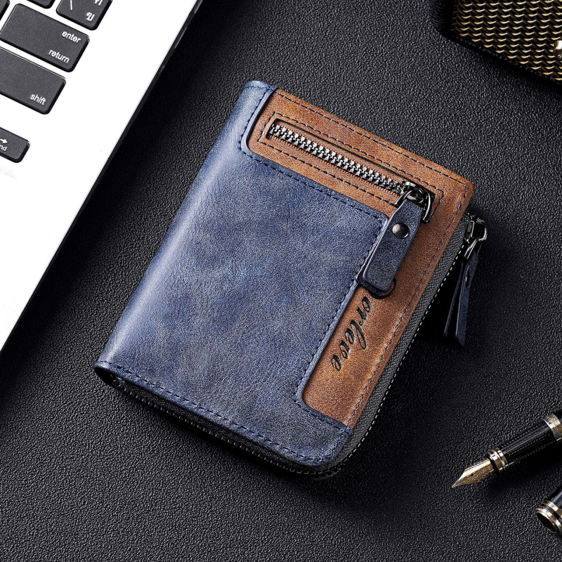 Portofel scurt din piele PU, finisaj oil-wax, 2 plieri, stil retro european-american, ultraușor, anti-magnetic, extensibil, multiple sloturi pentru carduri