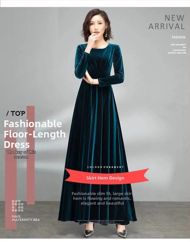 Bársonyes hosszú ujjú ruha, karcsúsított derékkal, középtávú hossz, retro stílus, anyag: elasztikus poliészter (70-80% poliészter) - ősz 2025