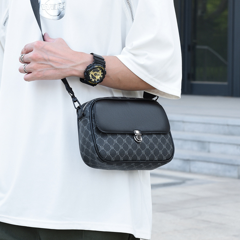 Geantă crossbody din piele PU pentru bărbați, model geometric, căptușeală poliester, impermeabilă, stil business commuting