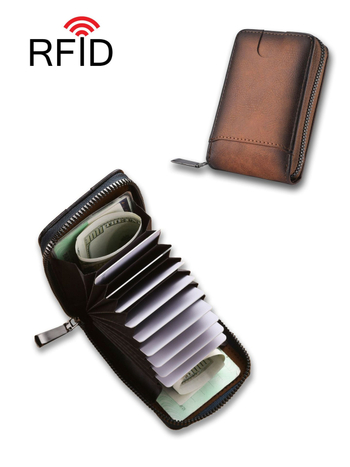 Goke PU RFID portofel cu protecție RFID, fermoar, compartimente multiple pentru carduri, capacitate mare