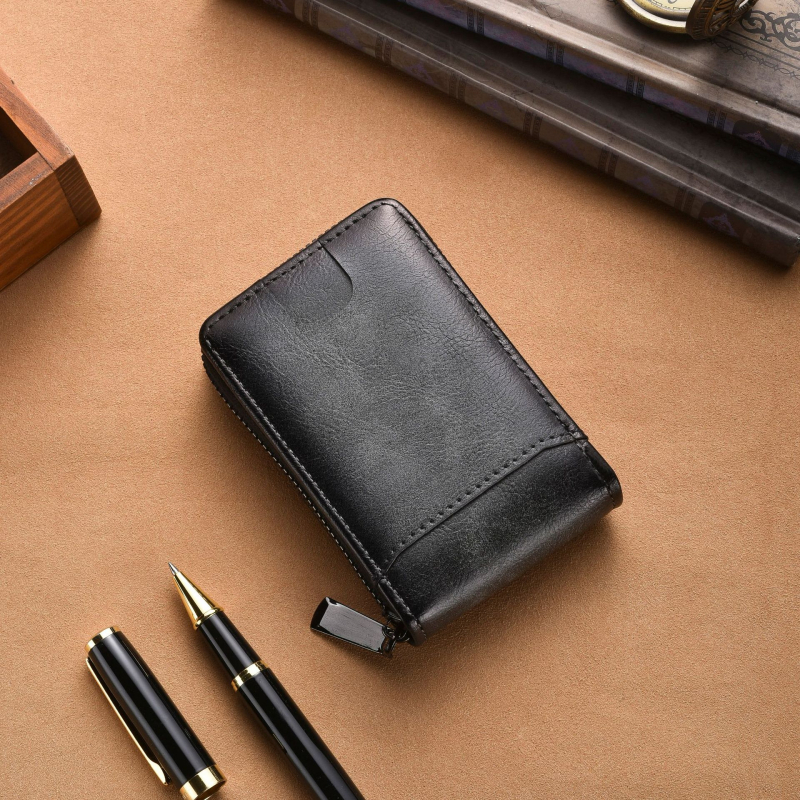 Goke PU RFID portofel cu protecție RFID, fermoar, compartimente multiple pentru carduri, capacitate mare