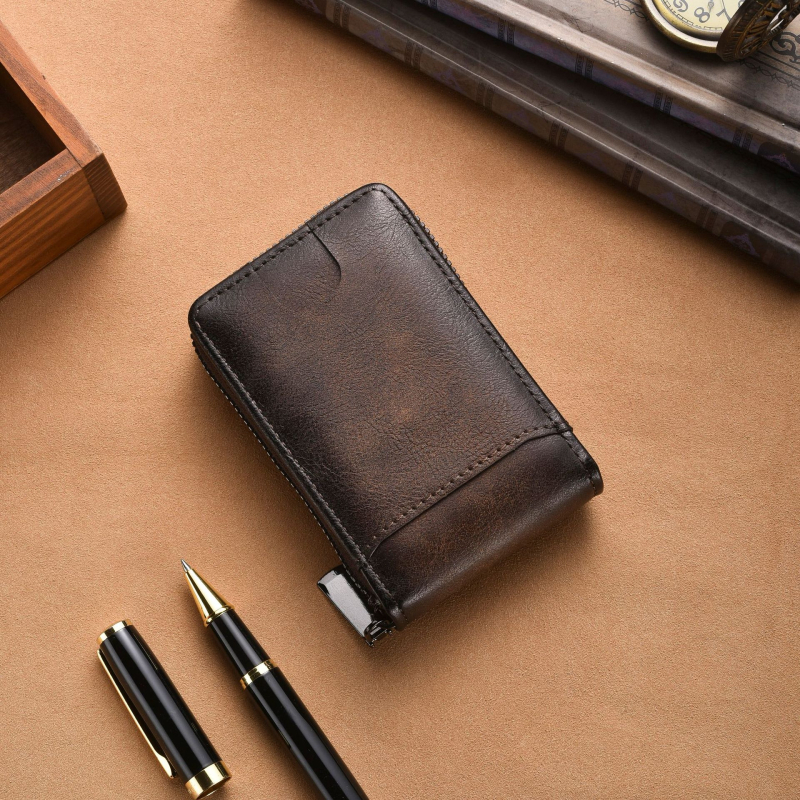 Goke PU RFID portofel cu protecție RFID, fermoar, compartimente multiple pentru carduri, capacitate mare