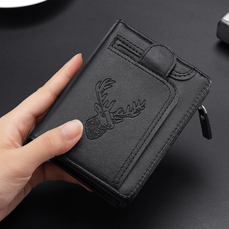 CarrKen PVC dvostruko preklopni novčanik za kartice s retro motivom glave jelena, zip pretinac za kovanice, poliester podstava, proljeće 2025