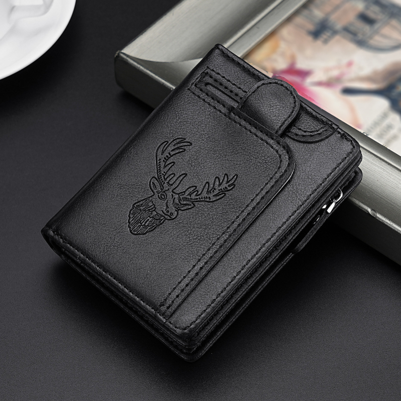 CarrKen PVC dvostruko preklopni novčanik za kartice s retro motivom glave jelena, zip pretinac za kovanice, poliester podstava, proljeće 2025