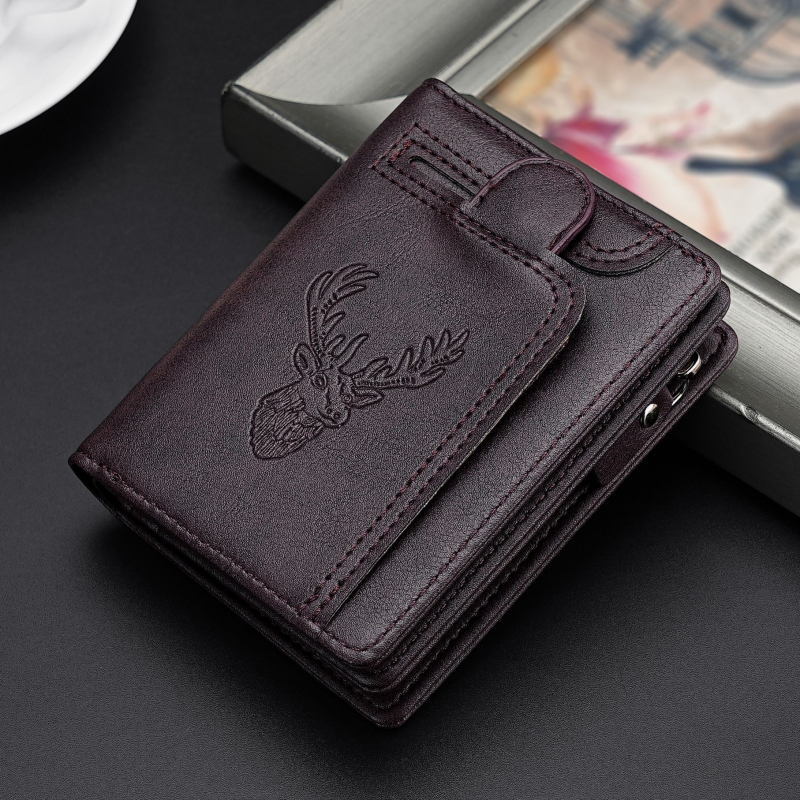 CarrKen PVC dvostruko preklopni novčanik za kartice s retro motivom glave jelena, zip pretinac za kovanice, poliester podstava, proljeće 2025