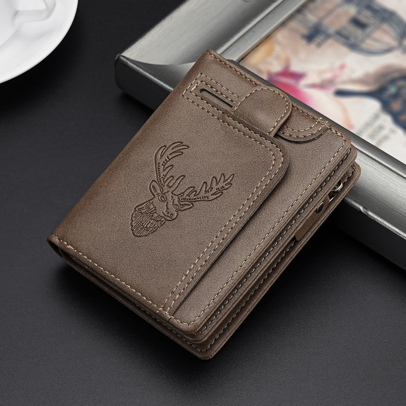 CarrKen PVC dvostruko preklopni novčanik za kartice s retro motivom glave jelena, zip pretinac za kovanice, poliester podstava, proljeće 2025