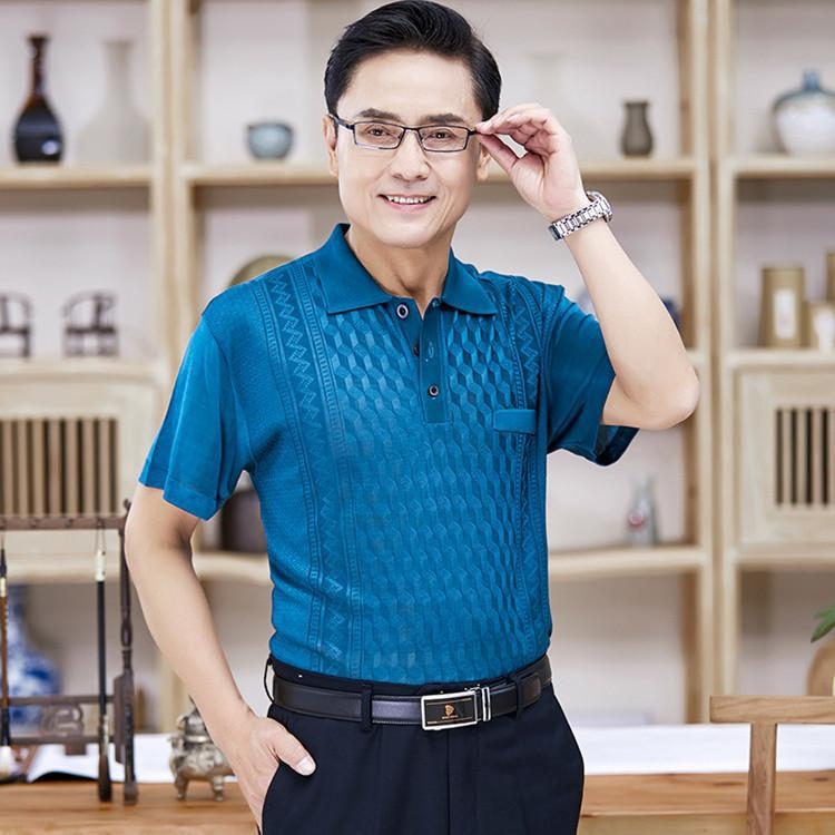 Pánske krátke rukávy tričko, pulóverový štýl, golier rever, ľahká priedušná pletenina, leto 2024