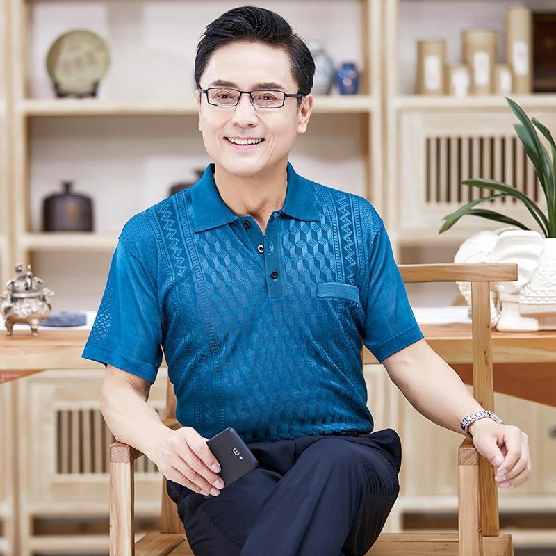 Pánske krátke rukávy tričko, pulóverový štýl, golier rever, ľahká priedušná pletenina, leto 2024