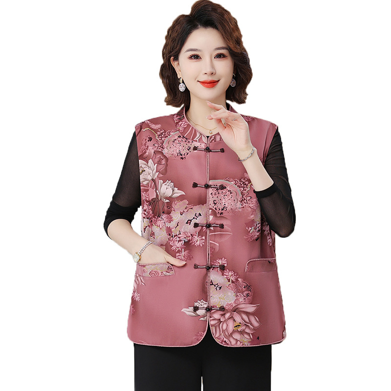 Mellény középkorú és idősebb anyáknak, kínai retro stílus, virágos jacquard poliészter, >95% poliészter, hossz 65–80 cm, 2025 ősz megjelenés