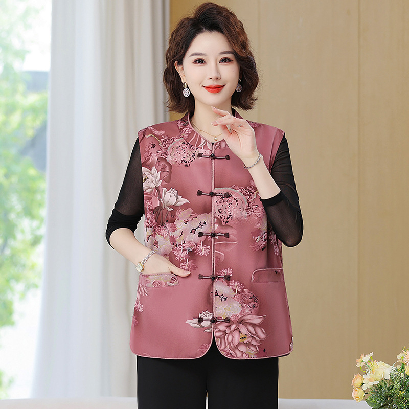 Mellény középkorú és idősebb anyáknak, kínai retro stílus, virágos jacquard poliészter, >95% poliészter, hossz 65–80 cm, 2025 ősz megjelenés