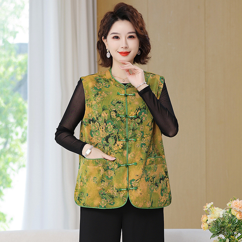 Mellény középkorú és idősebb anyáknak, kínai retro stílus, virágos jacquard poliészter, >95% poliészter, hossz 65–80 cm, 2025 ősz megjelenés
