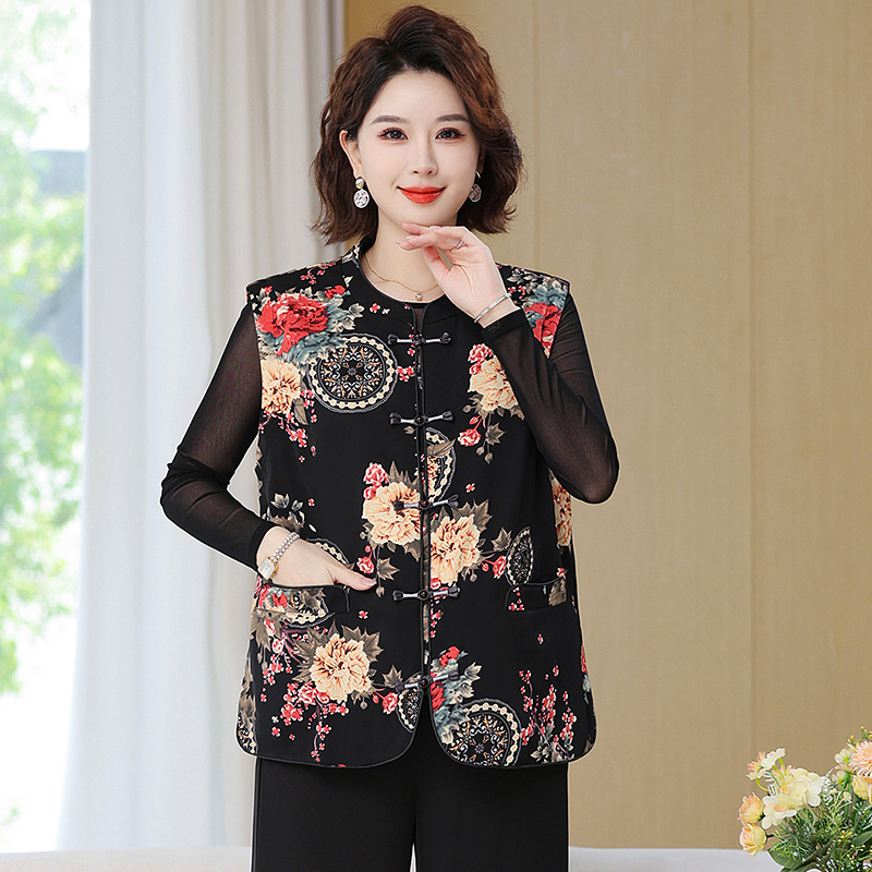 Mellény középkorú és idősebb anyáknak, kínai retro stílus, virágos jacquard poliészter, >95% poliészter, hossz 65–80 cm, 2025 ősz megjelenés