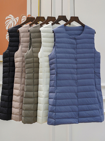 Γυναικείο γιλέκο με πούπουλα, μεσαίου μήκους, στενή γραμμή, εξωτερικό νάιλον, γέμισμα από πάπια 50%