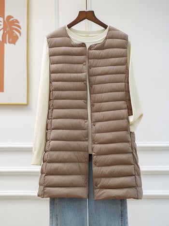 Γυναικείο γιλέκο με πούπουλα, μεσαίου μήκους, στενή γραμμή, εξωτερικό νάιλον, γέμισμα από πάπια 50%