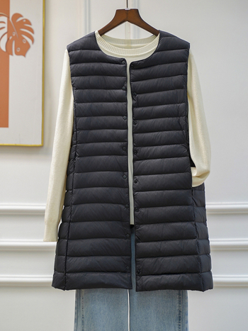 Γυναικείο γιλέκο με πούπουλα, μεσαίου μήκους, στενή γραμμή, εξωτερικό νάιλον, γέμισμα από πάπια 50%
