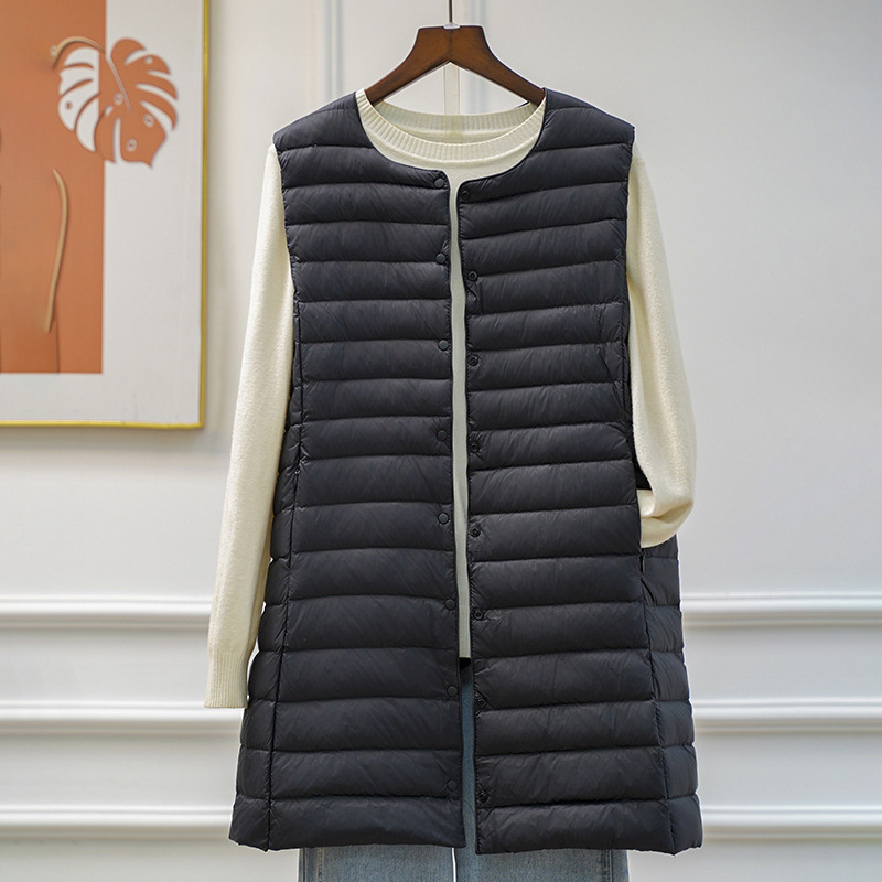 Γυναικείο γιλέκο με πούπουλα, μεσαίου μήκους, στενή γραμμή, εξωτερικό νάιλον, γέμισμα από πάπια 50%