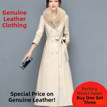 Palton lung din piele de miel, cu guler din blană de vulpe, stil coreean, lungime peste genunchi, căptușit cu fleece
