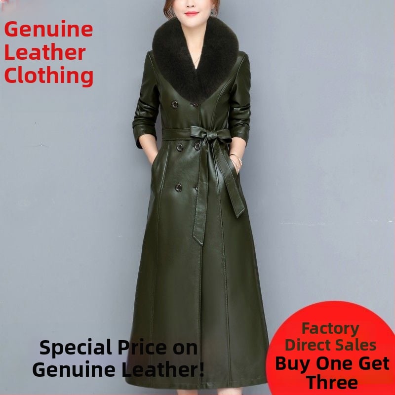 Palton lung din piele de miel, cu guler din blană de vulpe, stil coreean, lungime peste genunchi, căptușit cu fleece