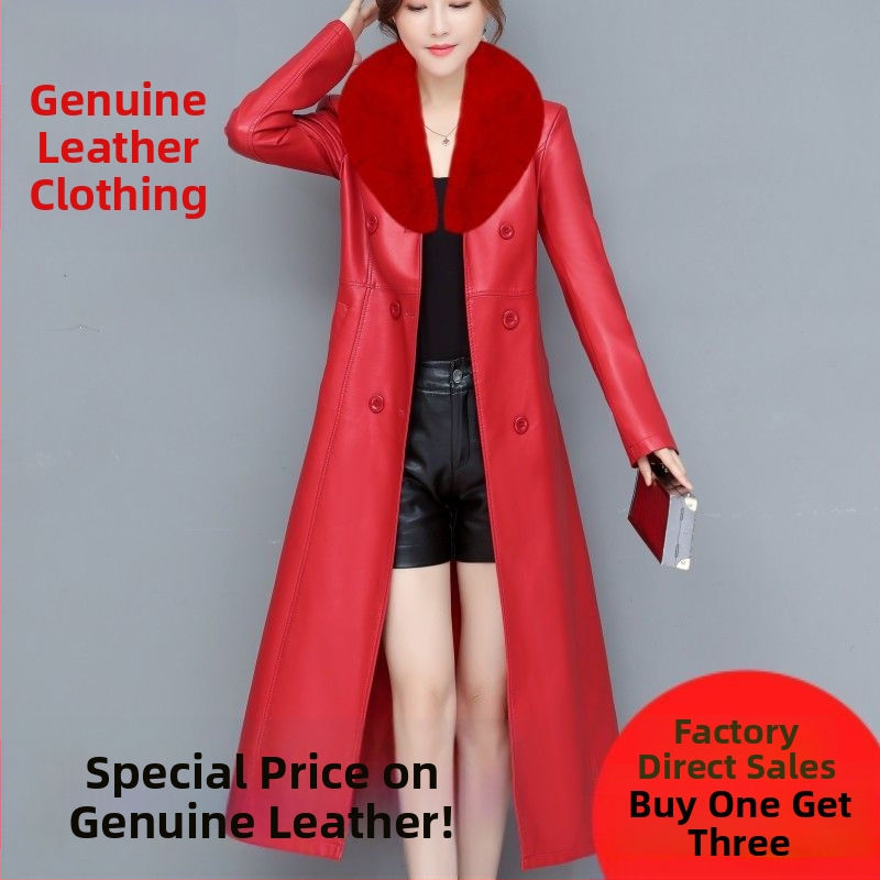 Palton lung din piele de miel, cu guler din blană de vulpe, stil coreean, lungime peste genunchi, căptușit cu fleece