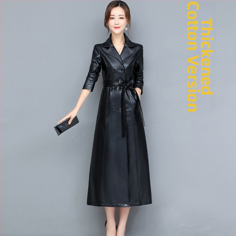 Palton lung din piele de miel, cu guler din blană de vulpe, stil coreean, lungime peste genunchi, căptușit cu fleece