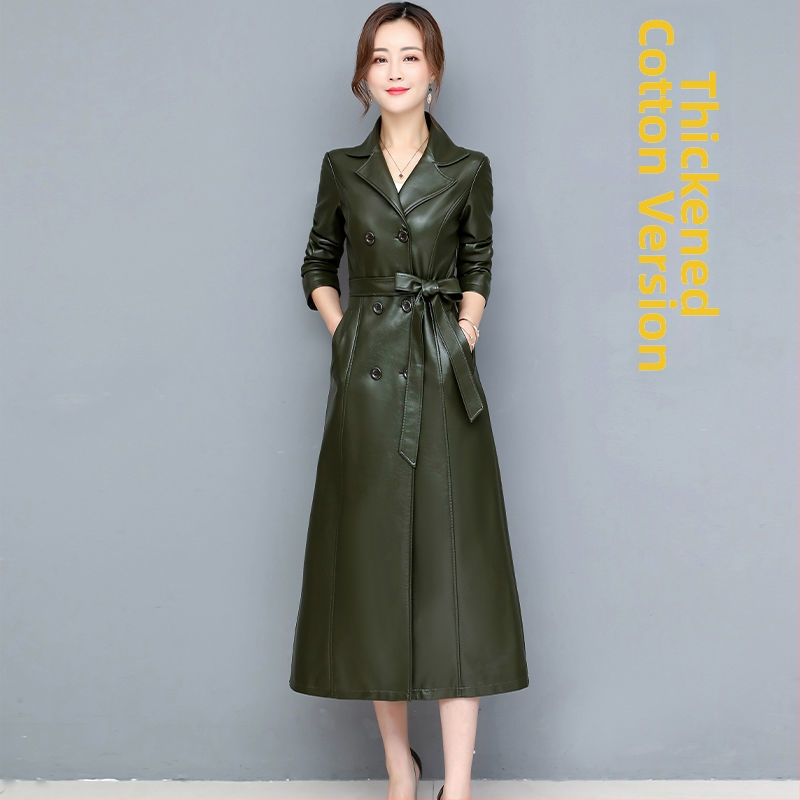 Palton lung din piele de miel, cu guler din blană de vulpe, stil coreean, lungime peste genunchi, căptușit cu fleece