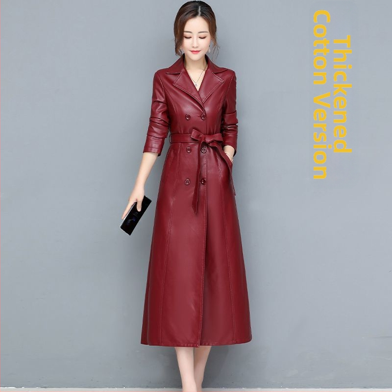 Palton lung din piele de miel, cu guler din blană de vulpe, stil coreean, lungime peste genunchi, căptușit cu fleece