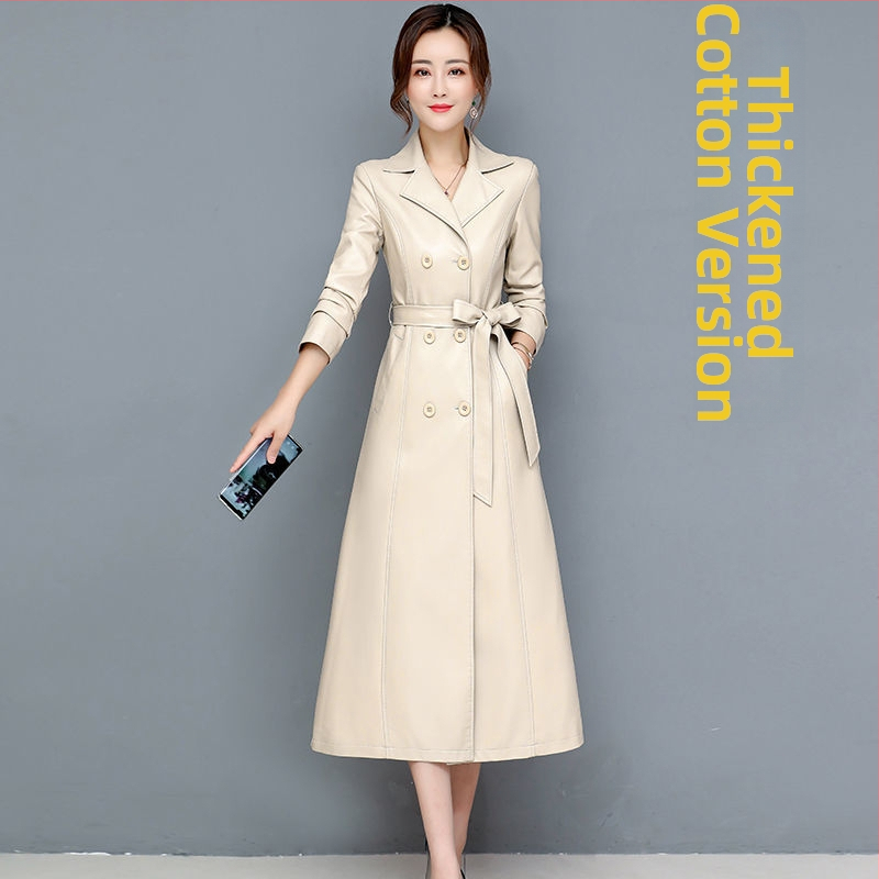 Palton lung din piele de miel, cu guler din blană de vulpe, stil coreean, lungime peste genunchi, căptușit cu fleece